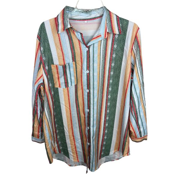 Men's Colorful Striped Southwestern Button Up Shirt - Picture 1 of 4